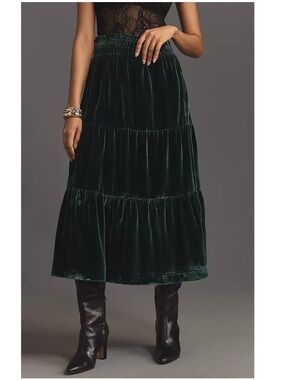 NWOT Rachel Zoe Crushed Tiered Pleated Pull-On Elastic Maxi Skirt Green Medium